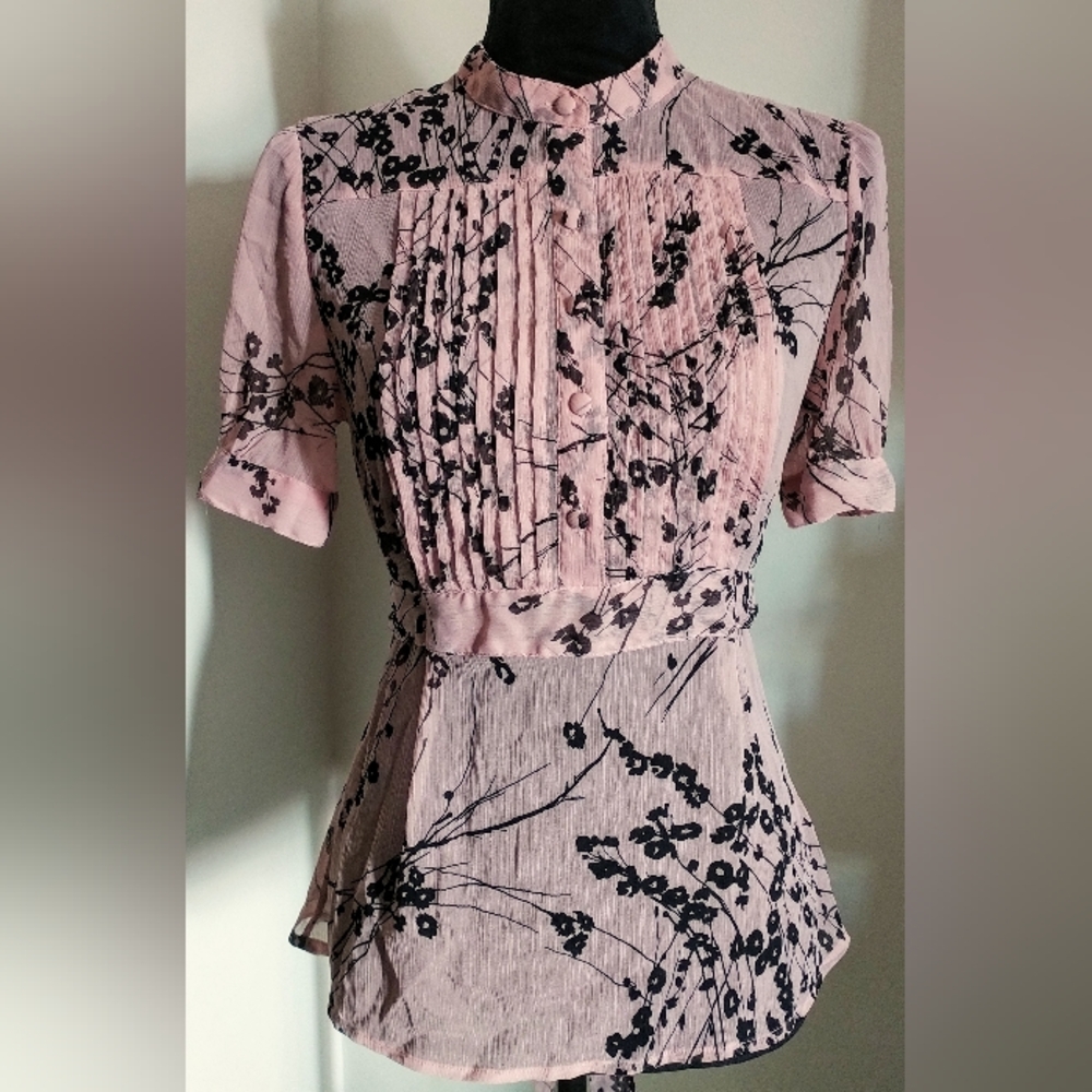 Apt. 9 Blush and Black Floral Pleated Blouse Size M